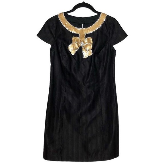 Tibi Sequin Bow Cocktail Dress Black Gold - Picture 1 of 7